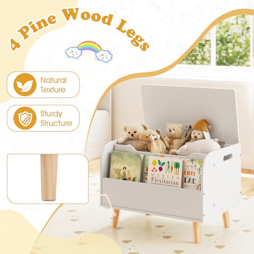 Costzon Kids Wooden Toy Box w/Front Bookshelf, Toy Storage Organizer w/ 4 Solid Wood Legs, Flip-top Lid, Safety Hinge & Cut-Out Handle, Toy Chest for Kids Room, Playroom, Nursery & Classroom - color: White, style: With legs