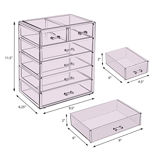 Sorbus Acrylic Makeup Organizer Set, 6-Drawer Vanity & Countertop Cosmetic Storage with Small & Wide Drawers, Purple Makeup Storage for Brushes, Lipsticks, Jewelry – Holiday Gift for Women & Teens - color: Purple, style: 4 Large, 2 Small Drawers