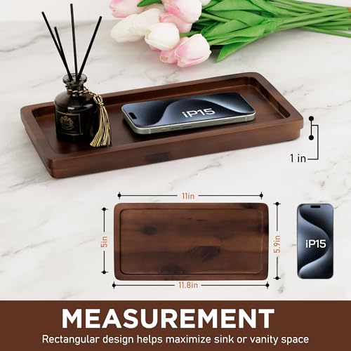 Bathroom Vanity Tray 11.8x5.9in of Acacia Wood - Elegant Organizer for Cosmetics, Jewelry, Perfume, Candle, Key - Premium Wood Tray for Bathroom, Kitchen, Countertop, Toilet Tank, Sink (Dark Brown) - color: Dark Brown