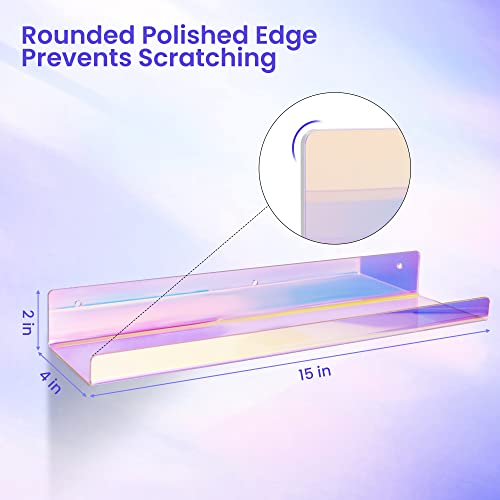 upsimples Acrylic Shelves for Wall Decor, 15" Display Shelf for Perfume, Skincare, Nail Polish, Wall Organizer for Bathroom, Bedroom, Living Room, Playroom, Kids Bookshelf, Iridescent, 4 Pack - color: Iridescent