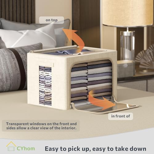 CYhom Clothes Storage Bins Box - Linen Fabric Foldable Stackable Container Organizer Set with Clear Window & Carry Handles & Metal Frame - 2Pack Large Capacity for Bedding, Blankets, Books - color: Beige, size: Small-22L