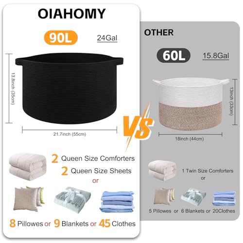OIAHOMY 90L XXXLarge Blanket Basket for Living Room, 21.7" x 13.8" Woven Cotton Rope Laundry Basket for Organizing Pillows, Decorative Stuffed Animal Toy Storage Bin for Nursery, Black - color: Black, size: 21.7"D x 13.8"H