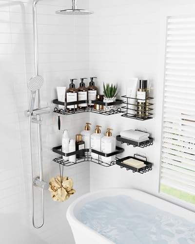 Sakugi Corner Shower Caddy - 5-Pack Shower Organizer with Soap Holder & Toothbrush Holder, Rustproof Metal Shower Shelves, Laundry, Kitchen, Bathroom Organizers and Storage Solution, Large, Black - color: Black, size: Large - 5 Packs