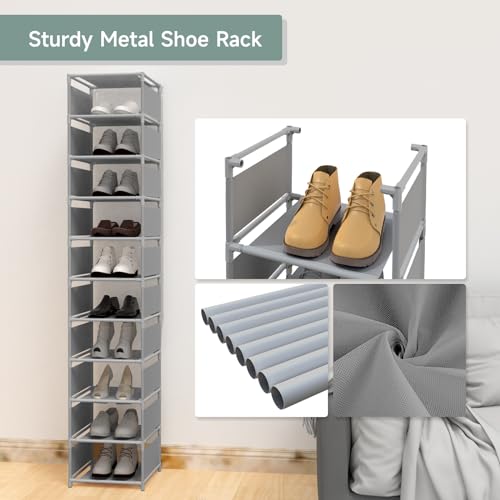 10 Tier Vertical Shoe Rack - Grey Narrow Shoe Rack for Closet & Entryway, Space Saving Tall Shoe Organizer for Small Spaces, Sturdy Skinny Shoe Tower Stand for Boots & Heels, Grey - color: Grey