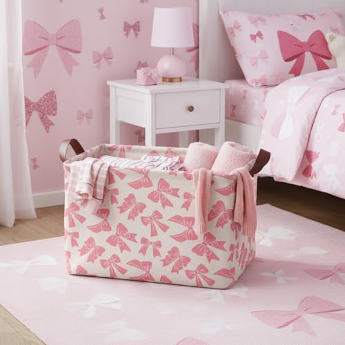 Pink Bow Storage Basket Waterproof Canvas Toy Storage Bin Bow Room Decor Collapsible Outdoor Basket with Leather Handles Coquette Room Decor Blanket Baskets For Closets,Bedrooms,Gifts Baskets - color: Pink Bow