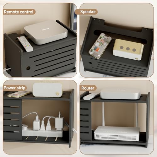 Wooden WiFi Router Storage Box Hider Shelf, Decorative Projector Box Hider Rack Countertop, for Cable, Modem, Internet, Router Power Cover Storage Organizer Cabinet Wall Mounted, Black - color: Black, size: Large