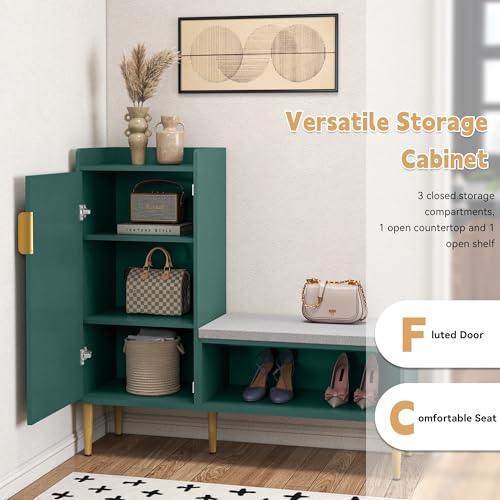 Storage Bench with Fluted Door&Shelf, Modern Entryway Bench with Padded Seat, L-Shaped Shoe Organizer Cabinet for Hallway, Living Room, Office, Green - color: Green