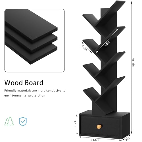 SHEEPAM 8 Tier Tree Bookshelf with Drawer, Free Standing Wood Bookcase for Living Room, Bedroom, Home Office, Space Saving Storage Organizer Bookshelves for Books, CDs, Vinyl Records- Black - color: Classic Black, size: 8 Tier