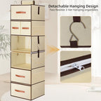Hanging Closet Organizer 6-Shelf, Upgrade Hanging Shelves for Closet with 5 Removable Drawers & Side Pockets, Hanging Shelf Organizer for Bedroom or Garment Rack, 12.6'' x 12.6'' x 44.1'', Beige
