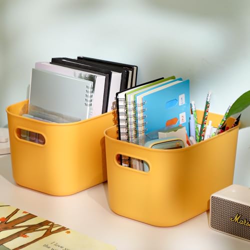 Hoolerry 8 Pieces Colorful Storage Bins with Lid, Plastic Storage Basket Organizing Container Stackable Box with Handle for Shelves Desktop Playroom Office(10.2 x 7 x 6.3 Inch,Yellow) - color: Yellow, size: 10.2 x 7 x 6.3 Inch