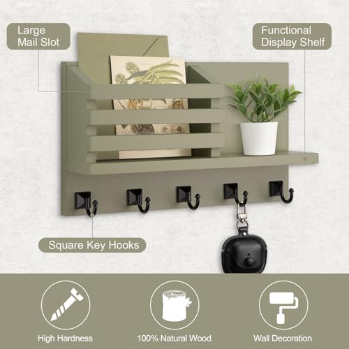 Key Holder Wall Mount, Mail Organizer for Wall with 5 Square Rustic Key Hooks Key Shelf Farmhouse Home Decor for Entryway - color: Sage Green