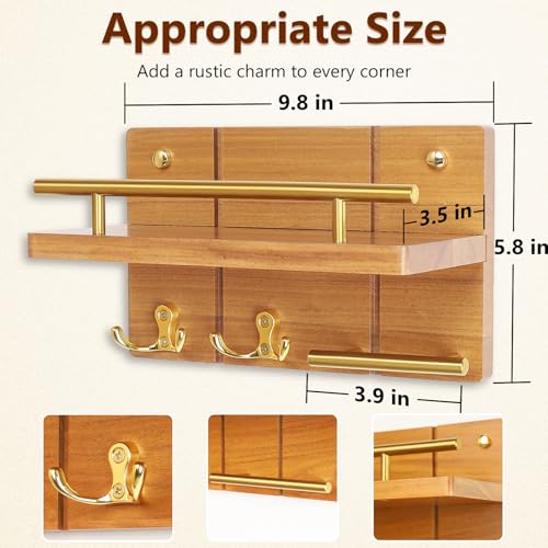 9.8" Teak Wood Key Hooks for Wall, Solid Wood Key Holder Wall Mount, Decorative Mail Organizer with Key Rack and Shelf, Rustic Home Decor for Entryway Living Room Bathroom Bedroom - size: 9.8 inch
