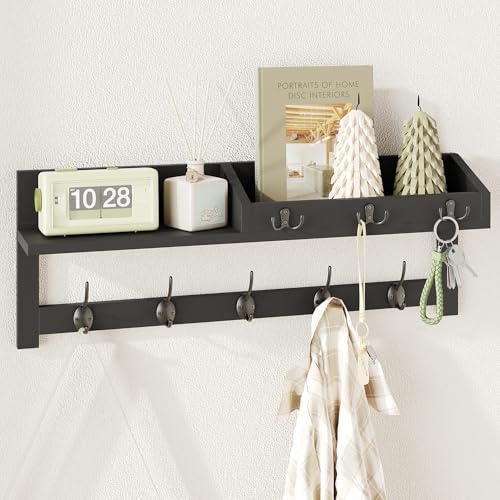AMBIRD Wall Hooks with Shelf, 26.57 Inch Entryway Wood Coat Hooks for Wall, Coat Rack Wall Mount Rack with 5 Dual Hooks 3 Key Hooks Mail Organizer and Key Rack Key Holder (Black) - color: Black, size: 26.57" L