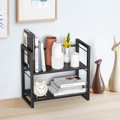 Office Desk Shelf Organizer, Wood Desktop Bookshelf Supplies Storage Rack, Shelf for Top of Desk and Dresser (Pure Black-2 Tier) - color: Pure Black