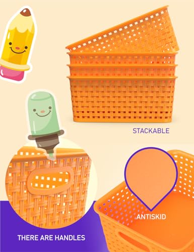 WYT 6-Pack Plastic Small Shelf Storage Weave Baskets Organizing for Cabinets and Pantries, Orange - color: Orange, size: 6-Pack