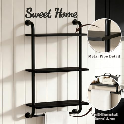 Tinpin Bathroom Shelves Wall Mounted, Rustic Farmhouse Pipe Shelves, Walls Shelf 3-Tier, Industrial Pipe Shelving, Floating Shelf Wall Decor for Bathroom, Kitchen, Bedroom, Living Room 17.3in Black - color: Black, size: 3 tier