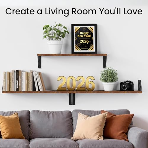 BAYKA 23-in Floating Wall Shelves, Rustic Wood Wall Shelves for Bedroom, Bathroom, Kitchen & Living Room, Display Shelf for Books, Plants & Decor (Rustic Brown) - color: C. Rustic Brown Board & Black Brackets, size: 23-inch Standard