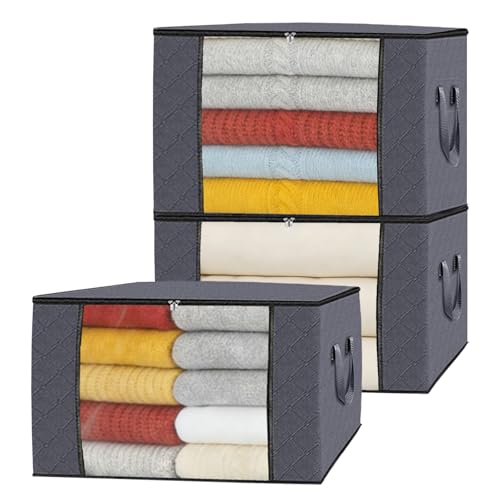 90L Grey Storage Bags with Lids, Zipper & Clear Window, 3-Pack Foldable Large Closet Organizers for Clothes, Comforters, Under Bed - size: 3 x 90L