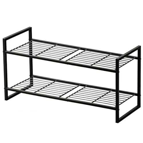 2 Tier Shoe Rack, 27 Inch Wide Stackable Shoe Shelf Organizer for Closet,Sturdy Frame Metal, Adjustable, Black - size: 2 Tier
