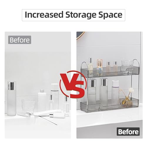 YCIA&DONE 2 Tiers Narrow Vanity Makeup Organizer, Bathroom Organizers Countertop Slim, Perfume Holder Skincare Storage Cosmetic Shelf Spice Rack, for Small Desktop Counter Space, Smoky Gray - color: Smoky Gray