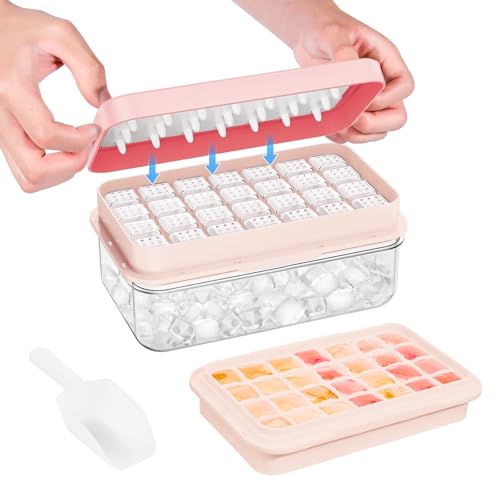 Ice Cube Tray with Lid and Bin, 28 pcs Ice Cubes Molds, Ice Trays for Freezer, Ice Cube Tray Mold, with 1 tray, Ice Freezer Container, Spill-Resistant Removable Lid & Ice Scoop, for Whiskey,Cocktail - color: Pink, size: 0.8"-1tier