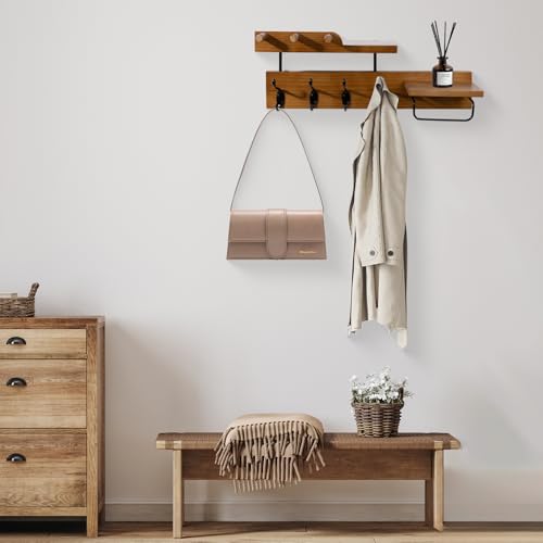 Coat Rack Wall Mount with Shelf, 4 in 1 Wood Coat Hooks with Key and Mail Holder, 17 Inch Entryway Hanging Shelf with Sunglasses Holder and 4 Metal Hooks for Clothes Hats Bag, Brown - color: Brown