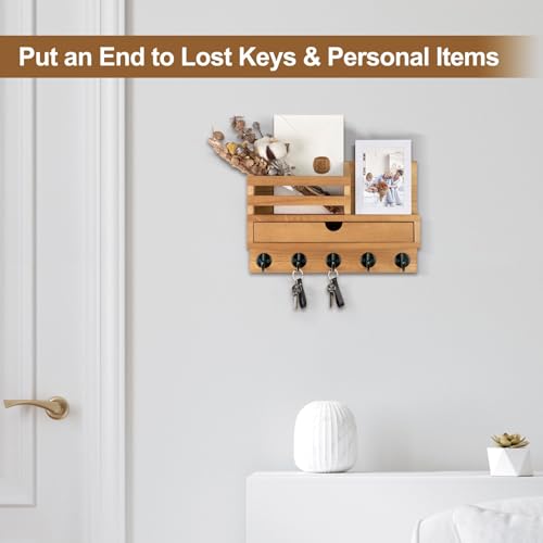 Key Holder Wall Mount, Mail Holder with Storage Drawer and 5 Key Hooks for Coat, Dog Leash, Home Decor Rack, House Accessories, Entry Way Organizer (Wood) - color: Wood, size: Standard - 11.8 Inch