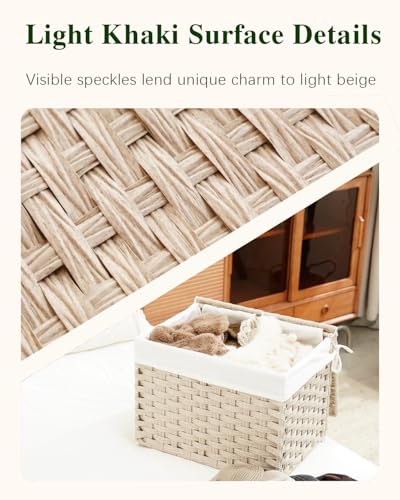 SETVSON Storage Basket with Lid Woven Wicker Baskets with 2 Separate Lid, 9.2 Gallon (35 L) Wicker Storage Bins with Handles, Foldable and 2 Removable Liner Bags for Bedroom, Laundry Room Light Khaki - color: Light Khaki, size: 35L-15.7L*11.8W*11.8H