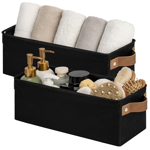 StorageWorks Narrow Storage Bins, Small Basket for Closet and Shelves, Fabric Organizer with Handles, Toilet Paper Storage, Black, 2-Pack - color: Black, size: 15"L x 6"W x 5"H