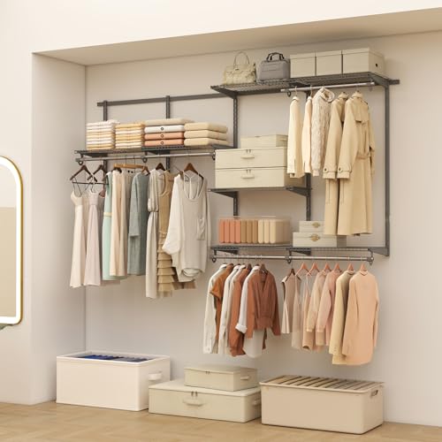 Giantex Closet Organizer System, 4-8 FT Wall-Mounted Closet Shelves and Rod, Adjustable Closet Organization w/ Hanging Rod, DIY Expandable Modular Metal Wire Shelving for Laundry Bedroom (Grey) - color: Gray, size: 96"x14"x47.5"