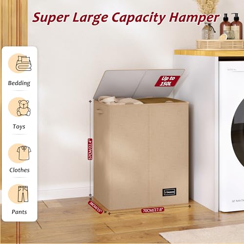 150L Laundry Hamper 2 Section, Large Laundry Hamper with Lid, Dirty Clothes Hamper with 2 Removable Inner Bags, Collapsible Laundry Basket Organizer for for Clothes Toys Towels, Hamper 2 Compartment - color: Oatmeal, size: 150L