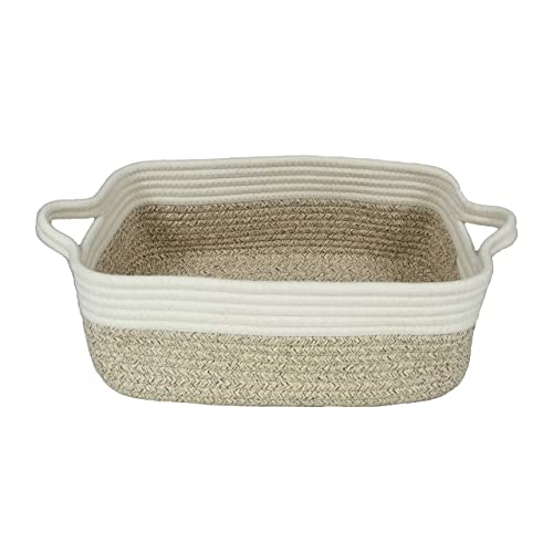 Woven Cotton Rope Storage Basket with Handles for Organizing Shelves Closet Small Cat Dog Pet Toy Baskets Box Bin Decorative Rectangle Baby Nursery Basket Gift Basket Empty - color: white and brown