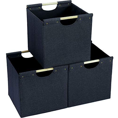 HOONEX Collapsible Storage Bins, 13x13x13in Storage Cubes Linen Fabric, 3 Pack, Storage Baskets with Wooden Carry Handles and Sturdy Heavy Cardboard, for Home, Office, Car, Nursery, Dark Grey - color: Dark Grey, size: 13" L x 13" W x 13" H