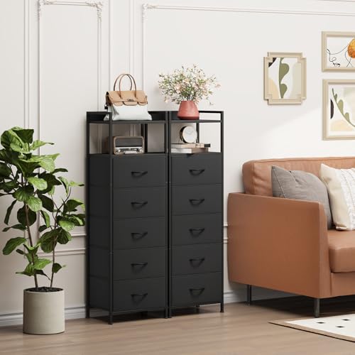 Somdot Tall Dresser for Bedroom, 5 Drawers Nightstand Vertical Storage Tower Unit, Night Stand Furniture with Fabric Drawer Organizer in Bedside Hallway, Entryway, Kids Room, Closet, Black - color: Black, size: 11.4"D x 15.2"W x 42.1"H (5 Drawers)