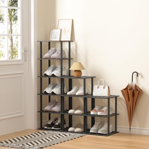 SHIISEWE Bamboo Shoe Rack for Small Spaces 6 Tier Tall Vertical Narrow Rack for Closet Stackable Shoe Holder, Black Stand for Entryway Storage Shoe Organizer - color: Black