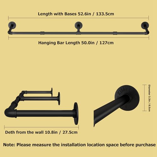 Wall Mounted Clothes Rack 52.6in, Industrial Pipe Clothing Racks Wall Mount, Heavy Duty Detachable Iron Garment Bar, Saving Space, Multi-Purpose Hanging Rod for Bedroom, Laundry Room, 1 Pack - size: 52.6Inches