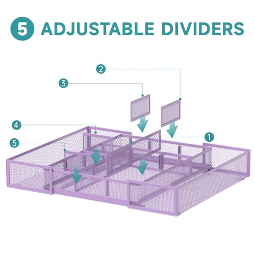 Expandable Desk Drawer Organizer Tray with 10 Adjustable Compartments, Metal Mesh Office Drawer Organizer, Versatile Desk Organizer for Home, School Supplies, Makeup Vanity & Jewelry (Purple) - color: Purple