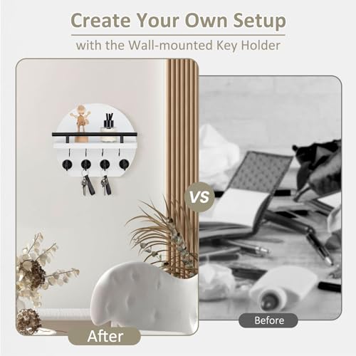 Nekon Key Holder for Wall - 9.8 Inch Apartment Wall Decor with Shelf and 8 Key Hooks, Circular Wood Key Hanger for Home Decor (White) - color: White