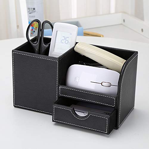 KINGFOM Desk Organizer Office Supplies Caddy Pu Leather Multi-function Storage Box Pen/Pencil,Cell phone, Business Name Cards Remote Control Holder with Small Drawer Black - color: Black