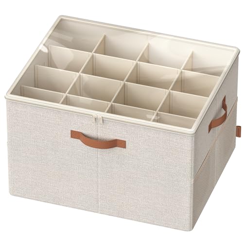 SONGMICS Shoe Organizer for Closet, Shoe Storage Bin, Fits 16 Pairs, Fabric Container with Handles and Clear Cover, Adjustable Dividers, Customizable, Cappuccino Beige ULSP555K01 - color: Cappuccino Beige, size: 1 Pack