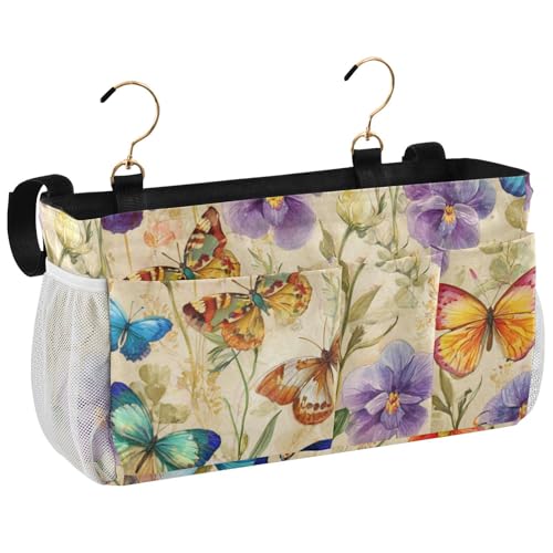 Bedside Caddy Metal Frame Hanging Organizer Bunk Bed Dorm Accessories Hook And Loop Storage Bag Large Pockets Cottagecore Beige Butterflies Flowers - color: Cottagecore Beige Butterflies Flowers
