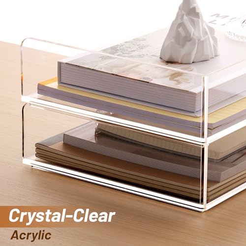 SANRUI Acrylic Paper Tray Organizer for Desk,Desk Organizers and Accessories,2 Pack Stackable Paper Organizer for Letter,Documents,Books,Magazines Crystal-Clear File Organizer - style: A4 Horizontal File Trays 2 Tier