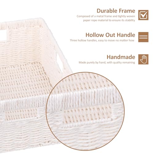 OIAHOMY Wicker Storage Basket, Rectangular Paper Rope Shelf Baskets with Built-in Handles, Woven Decorative Organizer for Pantry, Shelves, Living Room and Bathroom, 1-Pack White - color: White