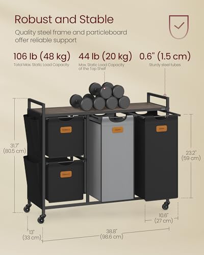 VASAGLE Laundry Hamper with 4 Compartments, 39.6 Gal. (150 L) Laundry Sorter, Rolling Laundry Cart with Shelves, Small Side Pockets, 6 Labels, Chestnut Brown, Ink Black and Dove Gray UBLH203B01 - color: Chestnut Brown + Ink Black + Dove Gray, size: 4 Bags