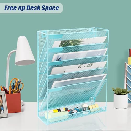 EASEPRES Desk File Organizer Mesh 6-Tier, Hanging Wall Mount Document Organization Stand, Desktop Vertical Mail Paper Folder Holder Rack with Bottom Tray for Office Home Cubicle Countertop, Blue - color: Blue, size: 6 Tier