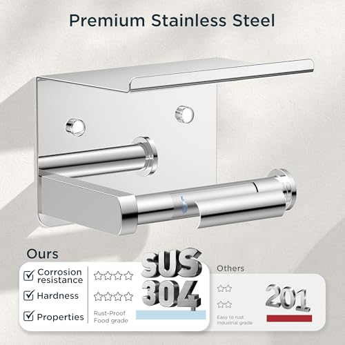 FORIOUS Toilet Paper Holder with Shelf, Adhesive or Screw Wall Mount Toilet Roll Holder for Bathroom, Rustproof 304 Stainless Steel Commercial Toilet Tissue Holder with Phone Shelf, Chrome - color: Chrome