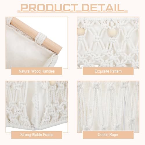 Vesici 4 Pcs White Macrame Storage Basket for Shelves 13 in 11 in Boho Storage Basket Hand Woven Boxes with Wood Handles Beads Decorative Countertop Toilet Tank Cabinet Organizer for Home Room Decor - color: White