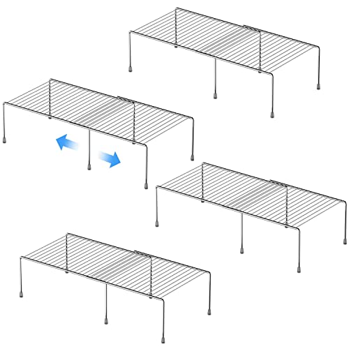 Kitchen Cabinet Expandable Shelf Organizers Set of 4, Adjustable Metal Wire Pantry Storage Shelves, Plate Dish Organizer Rack for Cabinets, Cupboard, Counter, Freezer, Countertop, Chrome