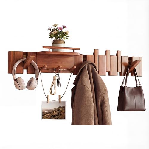 Mid Century Modern Walnut Foldable Entryway Wall Coat Hanger Hook with Shelf,Heavy Duty Wooden Piano Hidden Towel Hooks for Bathroom,Wall Rack for Purse&Key&Mail,Home Decor (Walnut, 9 Hooks) - color: Walnut, size: 9 Hooks