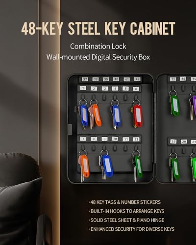 Uniclife 48 Position Key Cabinet with Combination Lock Resettable Black Digital Security Storage Box Steel Key Organizer with Colorful Key Tag Labels Stickers and Hooks - color: Black, size: 48 Keys